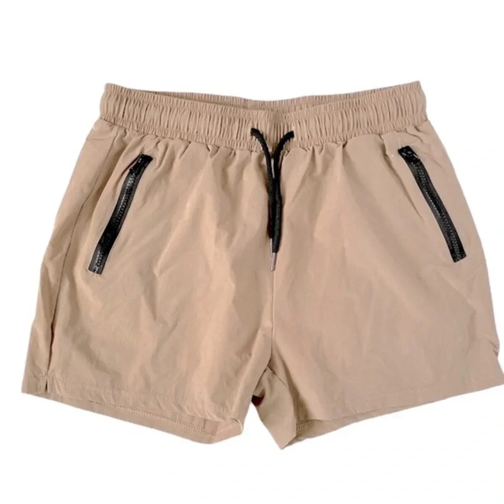 Boys Tan Swim Shorts Size Large 10/12 Khaki Board Shorts Black Detail Zip Pocket